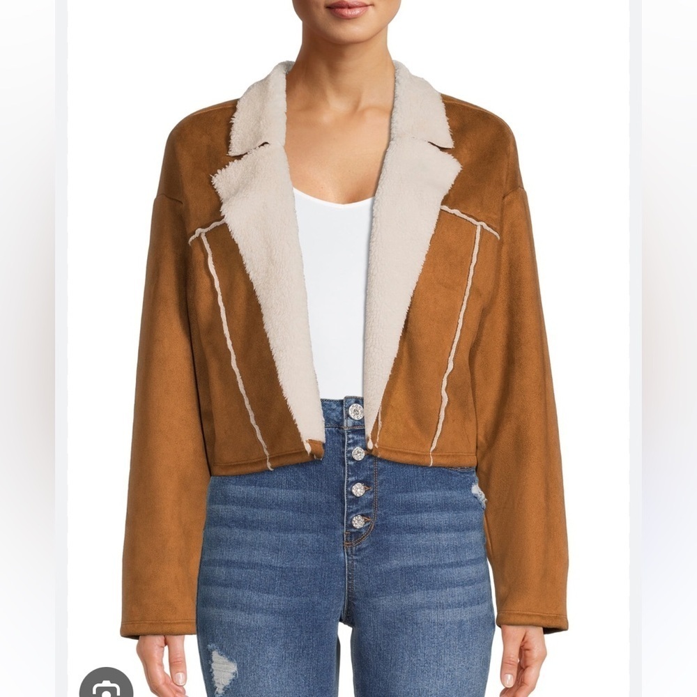 Madden NYC faux suede cropped jacket size XS brown Sherpa lining NWT